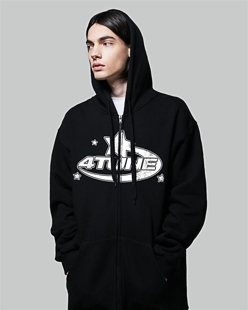 ESC BUTİK 4 Tune Baskılı Baskılı Oversize Fermuarlı Siyah Unisex Kapüşonlu Hırka