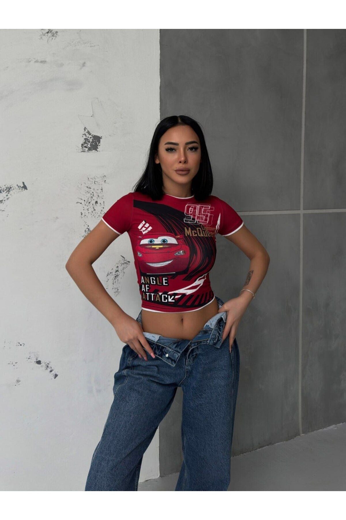 Vintage Y2k Mcqueen Parçalı Crop T-Shirt