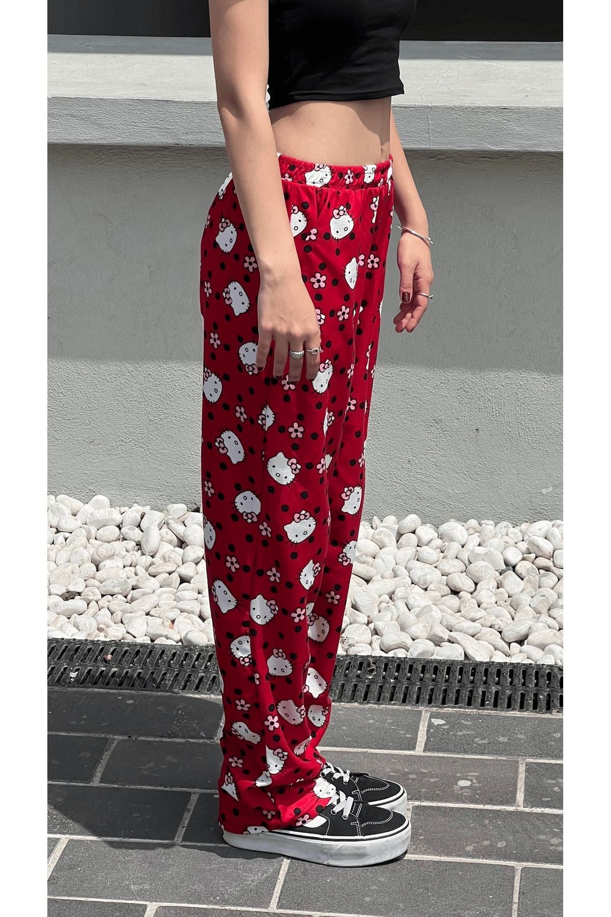 Y2K Kırmızı Tech Flower Hello Kitty Detail Bol Eşofman Altı