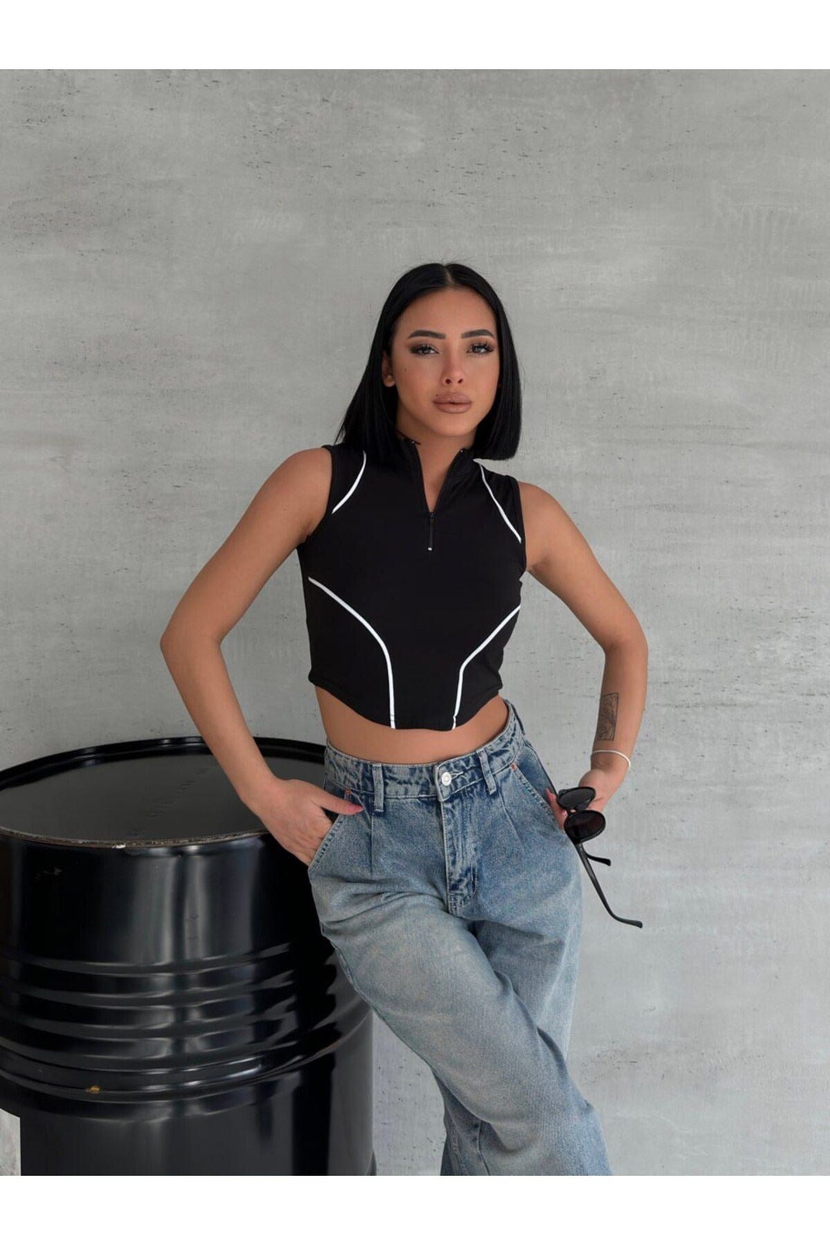 Y2K Vintage Kadın Sıfır Kol Crop TShirt (Tişört)
