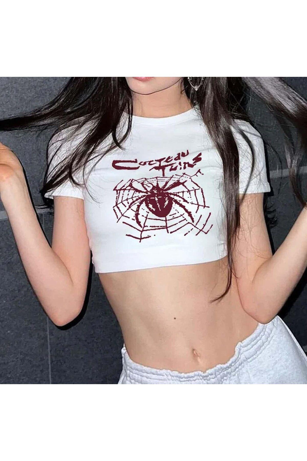 Y2k Tech Red Spider Baskılı T-Shirt Crop Bluz