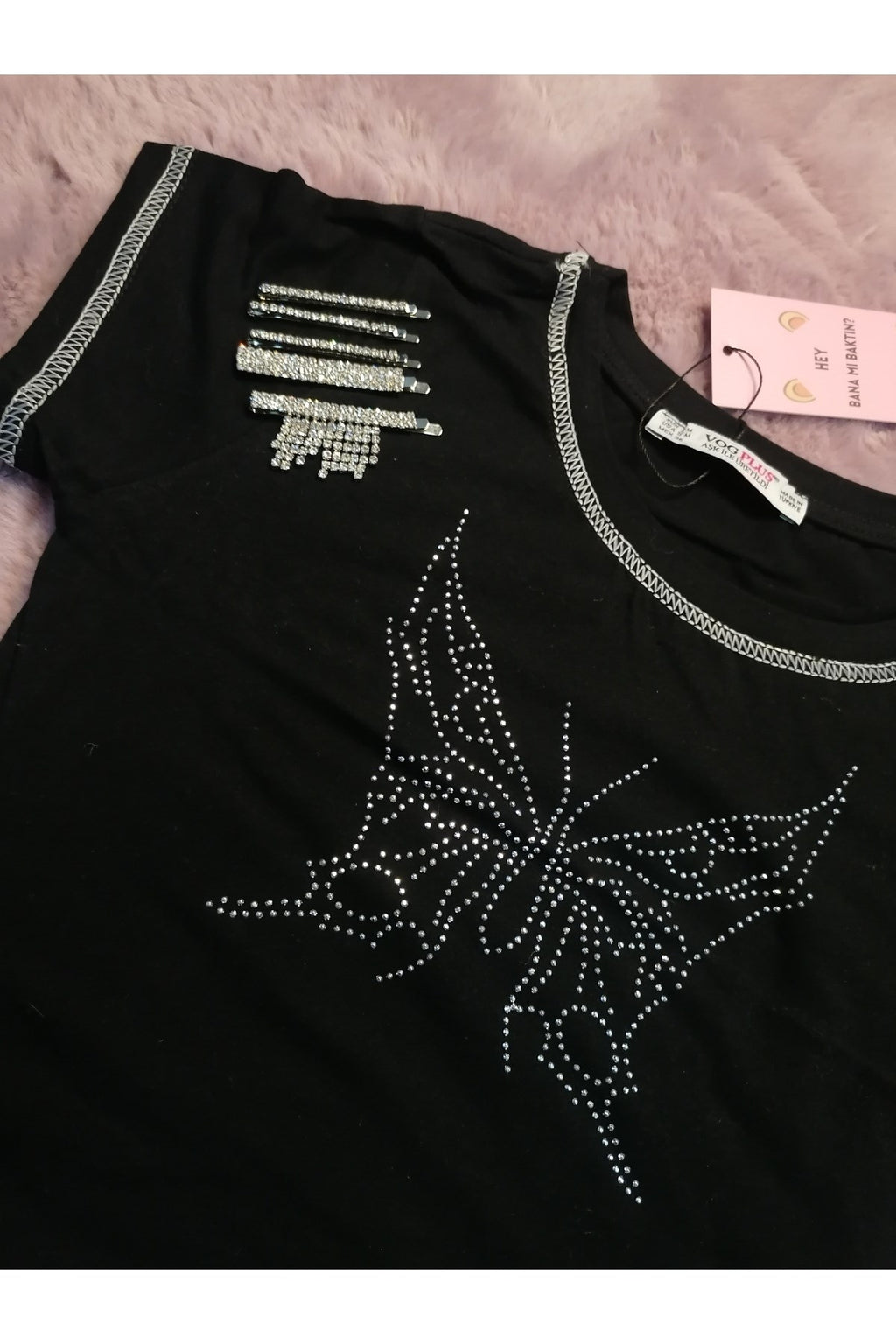 Hoodie Outdoor Butterfly Kelebek Taşlı Siyah Kadın T-shirt Crop