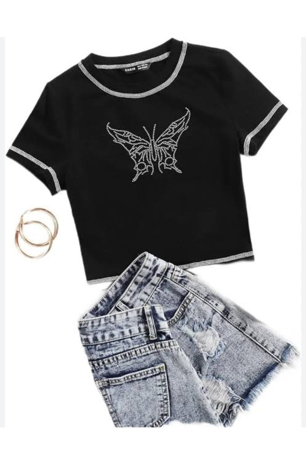 Hoodie Outdoor Butterfly Kelebek Taşlı Siyah Kadın T-shirt Crop