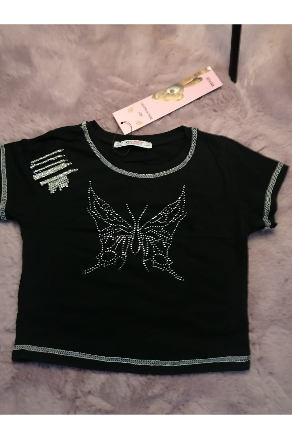Hoodie Outdoor Butterfly Kelebek Taşlı Siyah Kadın T-shirt Crop