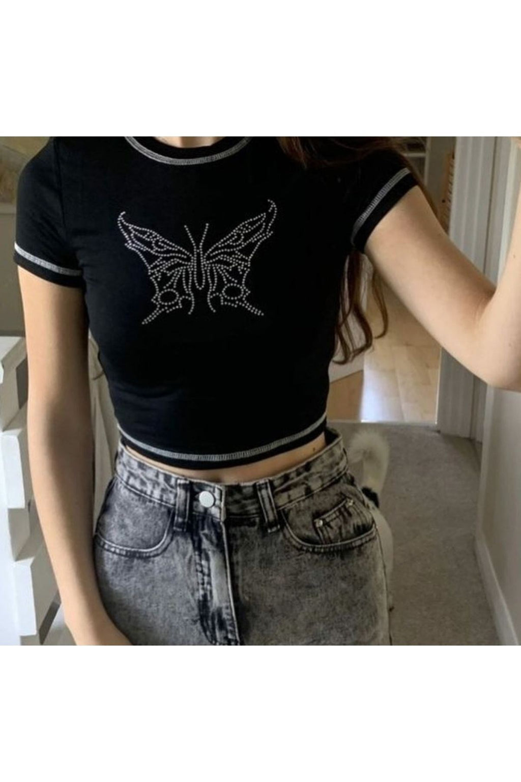 Hoodie Outdoor Butterfly Kelebek Taşlı Siyah Kadın T-shirt Crop