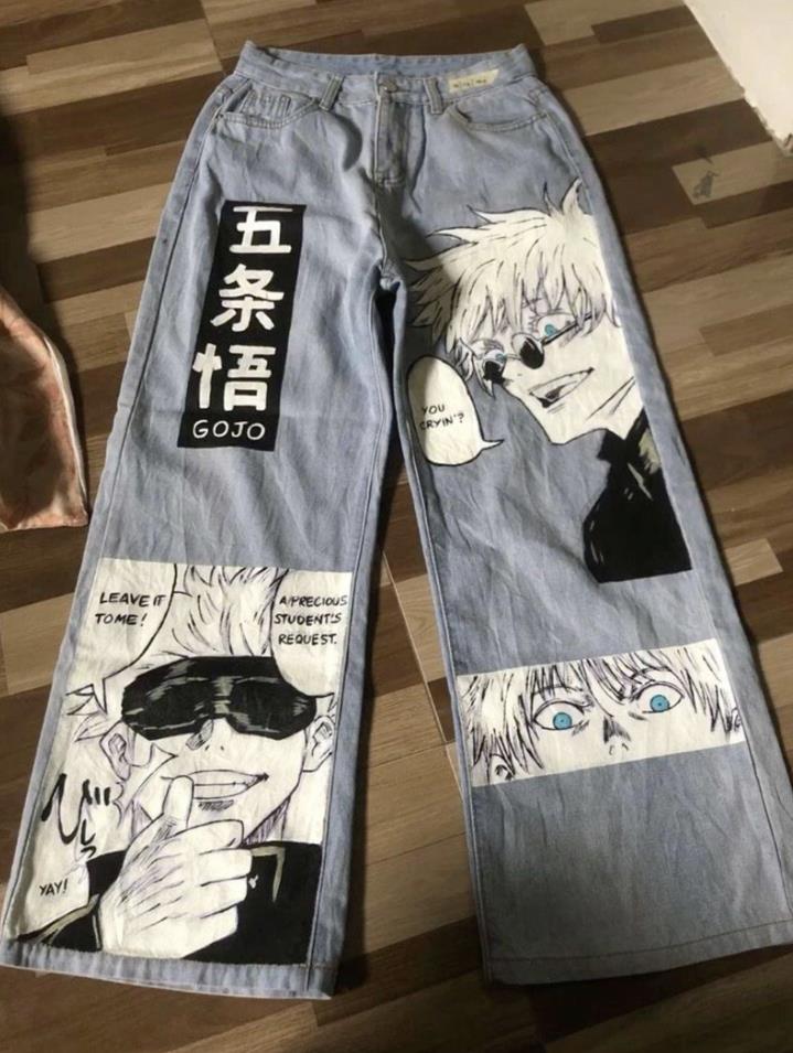ESC BUTİK Anime Baskı Streetwear Baggy Mavi Pantolon