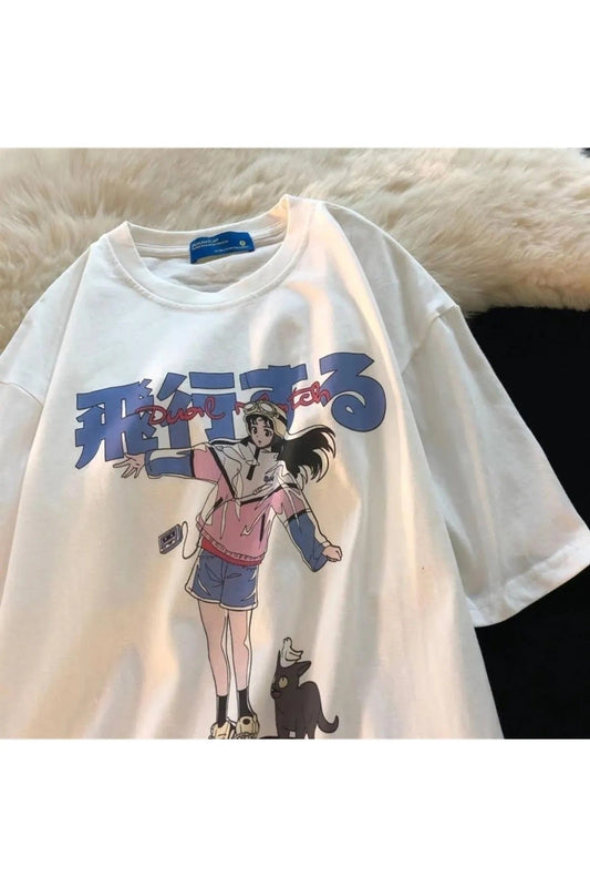 Hoodie Cat And Anime Girl Baskılı Beyaz Çok Renkli Kısa Kollu Oversize Unisex Tshirt