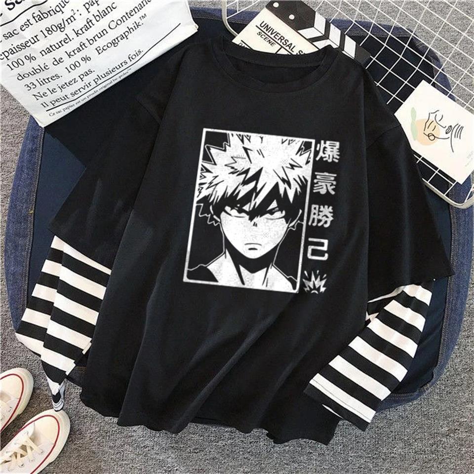 ESC BUTİK Bakugo Baskılı Fake Sleeves Unisex Siyah T-shirt