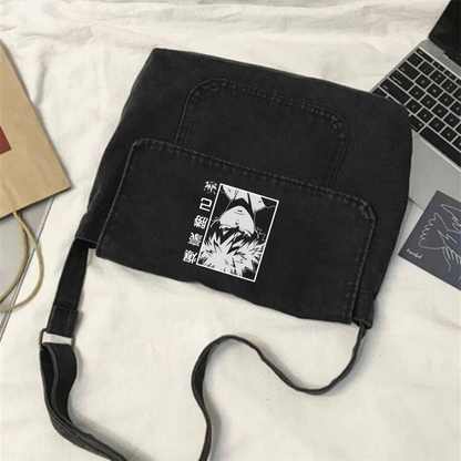 ESC BUTİK Bakugou Baskılı Vintage Unisex Gri Kot Postacı Çantası