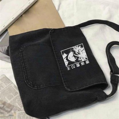 ESC BUTİK Bakugou Baskılı Vintage Unisex Gri Kot Postacı Çantası