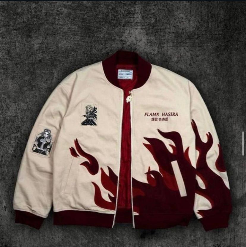 ESC BUTİK Bej Anime Flame Hashira Kyojuro Rengoku Unisex Bomber Ceket