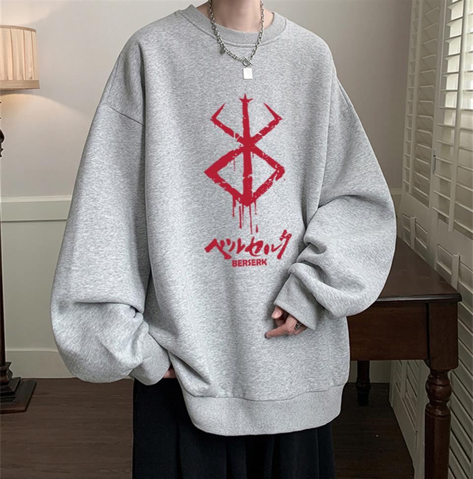 ESC BUTİK Berserk Logo Baskılı Gri Unisex Oversize Bisiklet Yaka Sweatshirt