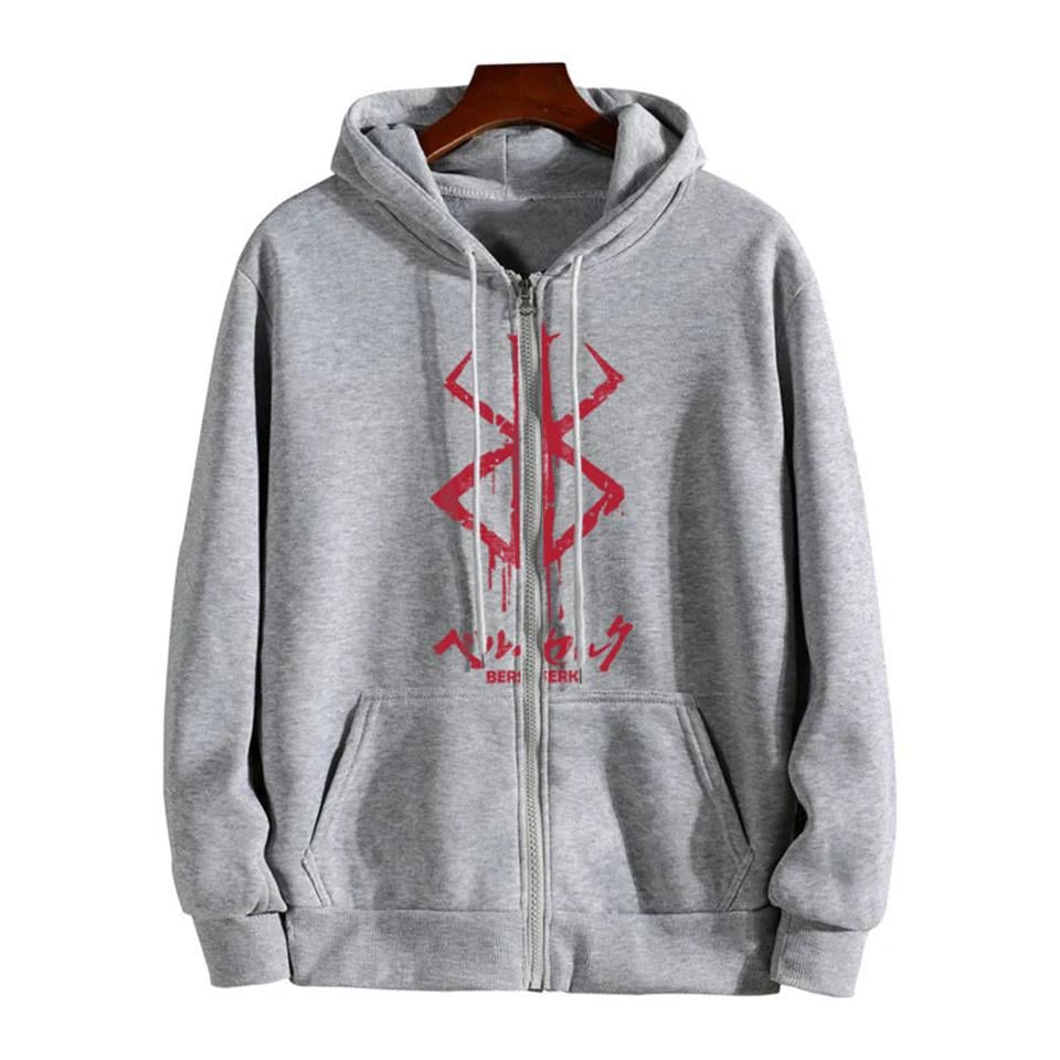 ESC BUTİK Berserk Logo Baskılı Oversize Fermuarlı Gri Unisex Kapüşonlu Hırka