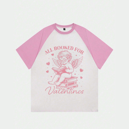 ESC BUTİK  Beyaz Unisex Pembe Reglan Valentine's T-Shirt