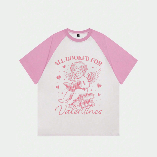 ESC BUTİK  Beyaz Unisex Pembe Reglan Valentine's T-Shirt