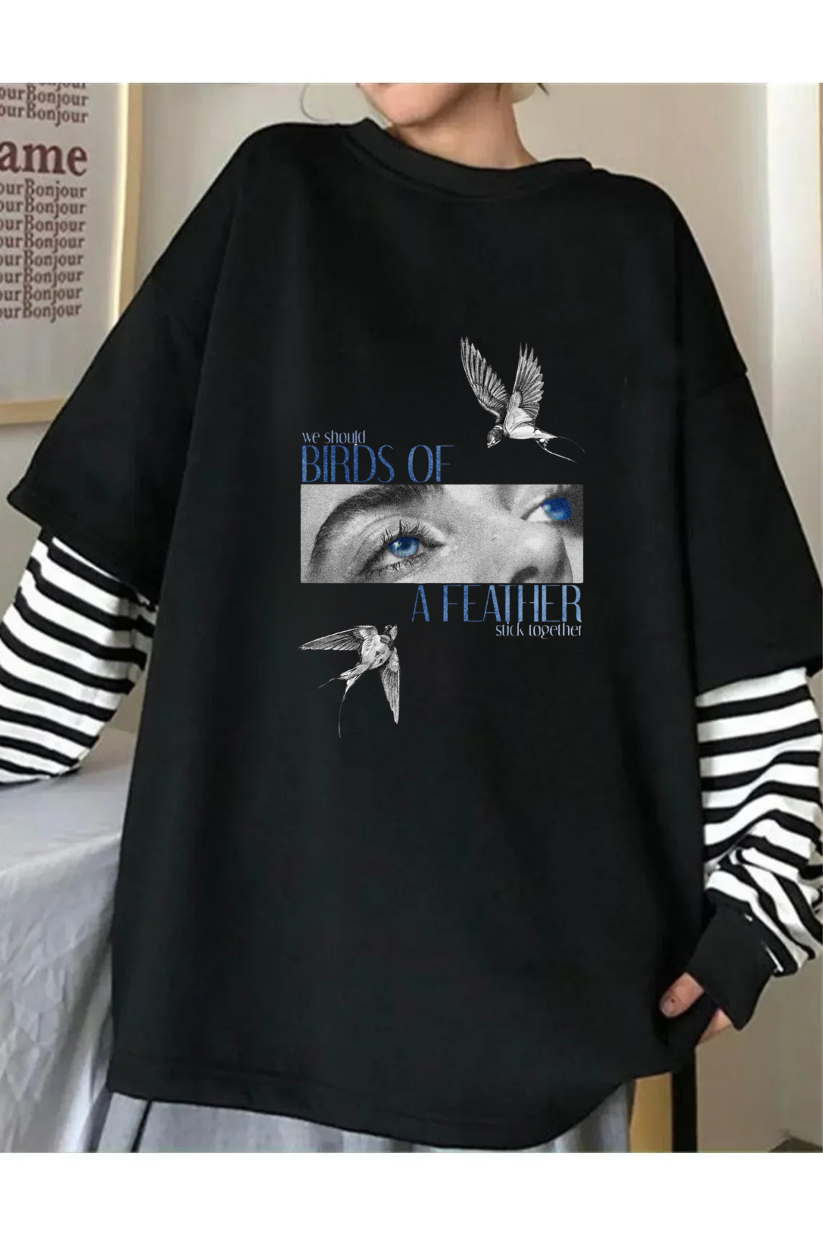 ESC BUTİK Billie Elish Baskılı Unisex Fake Uzun Kollu Siyah T-Shirt