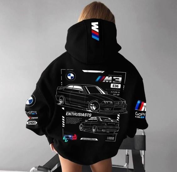 ESC BUTİK BMW M3 Baskılı Siyah Kapşonlu Sweatshirt