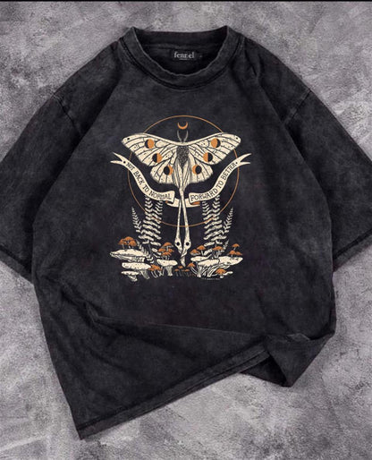 ESC BUTİK Butterfly & Mushrooms Yıkmalı Unisex Eskitme T-shirt