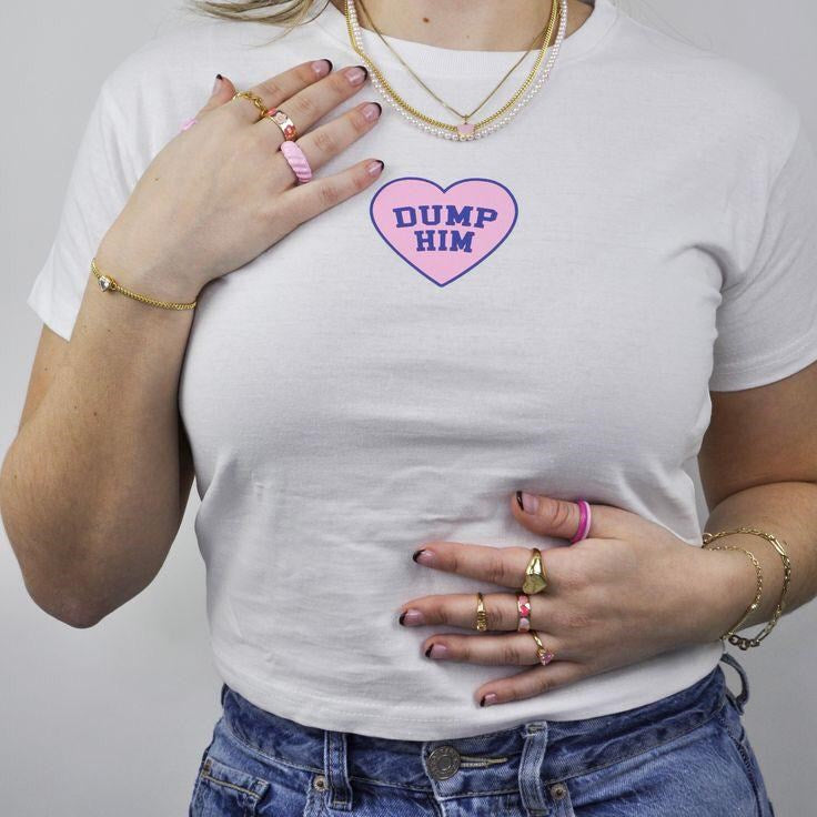 Y2k Tech Dump Him Baskılı Desenli Beyaz Yarım Kadın Bluz Crop Top T-shirt