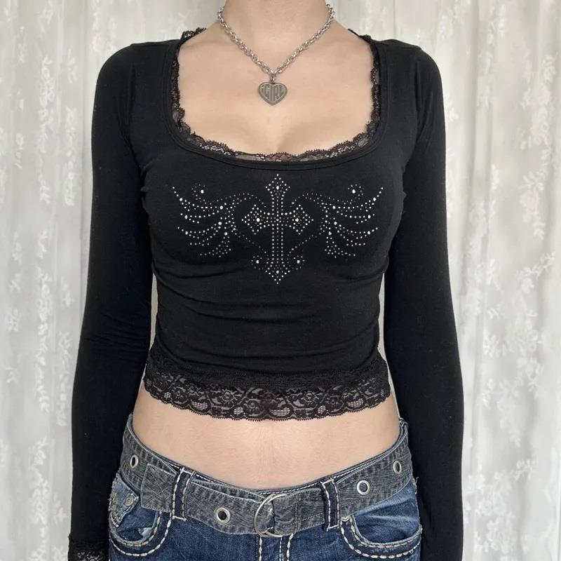 ESC BUTİK Cross & Wings Baskılı Dantel Lace Siyah Uzun Kol Bluz