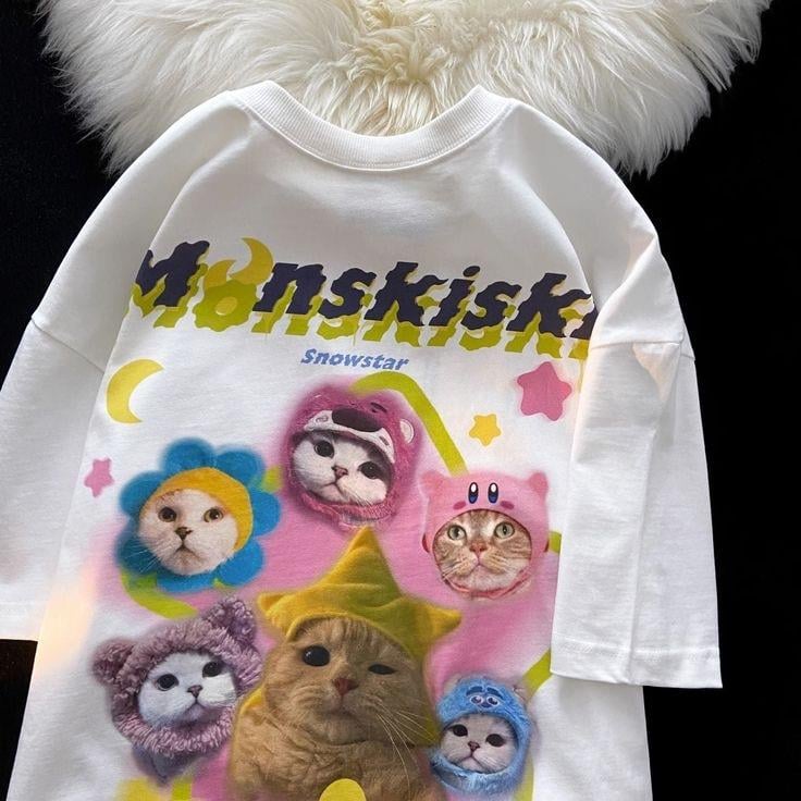 ESC BUTİK Cute Cat Baskılı Oversize T-shirt