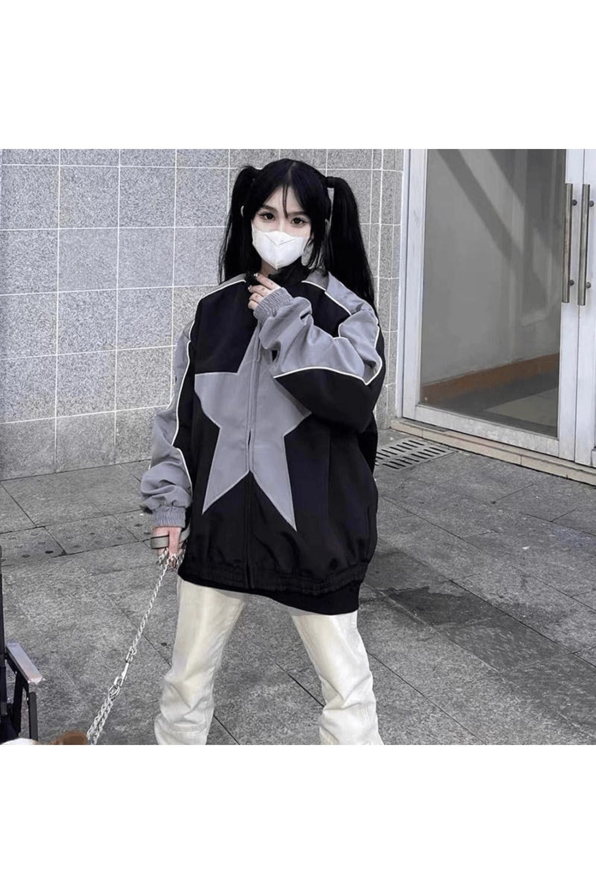 Baggy Paraşüt Harajuku Star Patchwork Detail Oversize Unisex Bomber Ceket