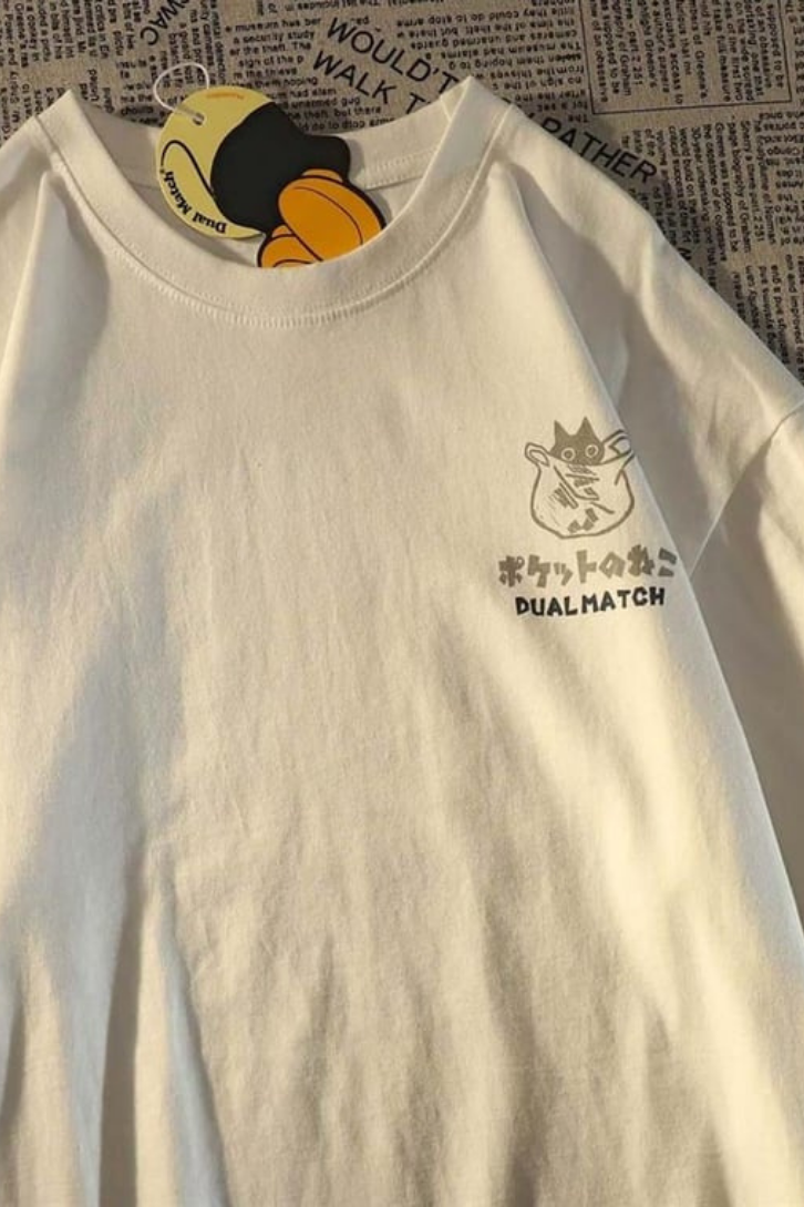 ESC BUTİK Dual Match Cat Sırt Baskılı Beyaz Unisex Oversize T-shirt