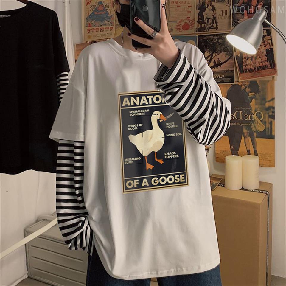 ESC BUTİK Duck Anatomy Baskılı Fake Sleeves Unisex Beyaz T-shirt