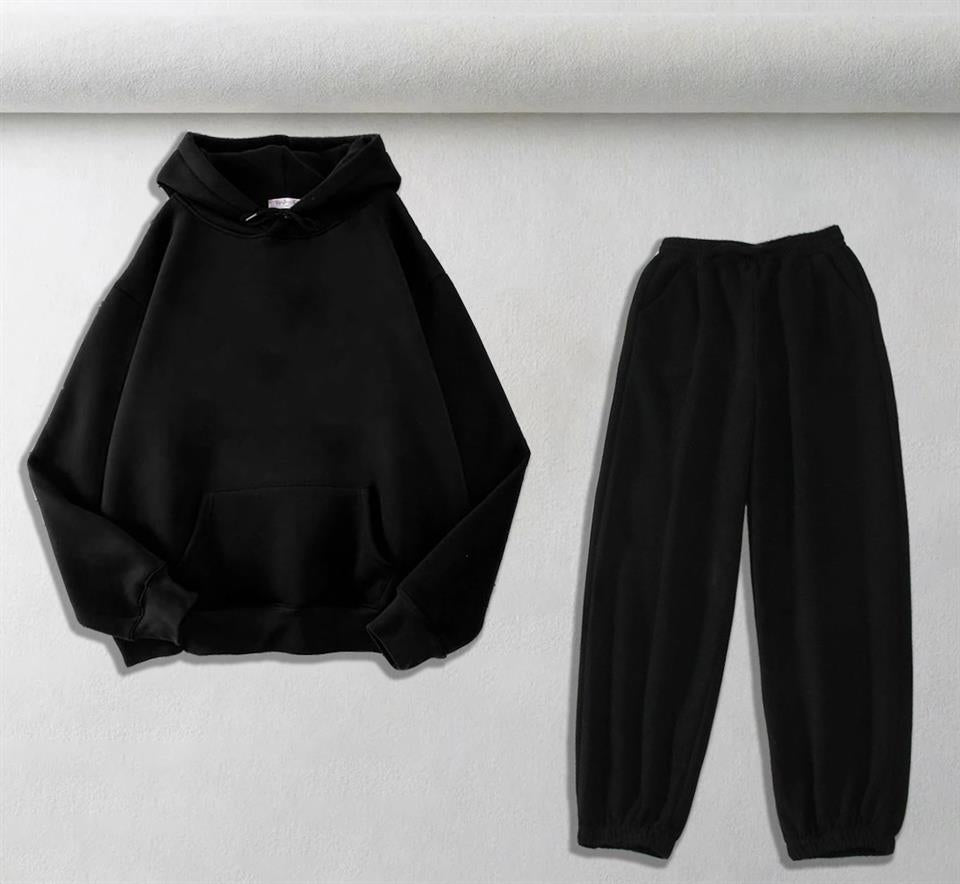 ESC BUTİK Düz Siyah Oversize Kapüşonlu Sweatshirt & Eşofman Altı Unisex İkili Takım
