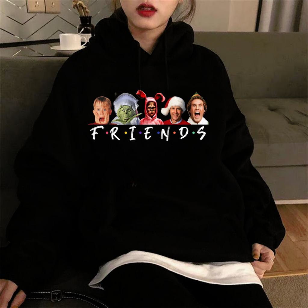 ESC BUTİK Friends Christmas Baskılı Siyah Unisex Oversize Kapüşonlu Sweatshirt