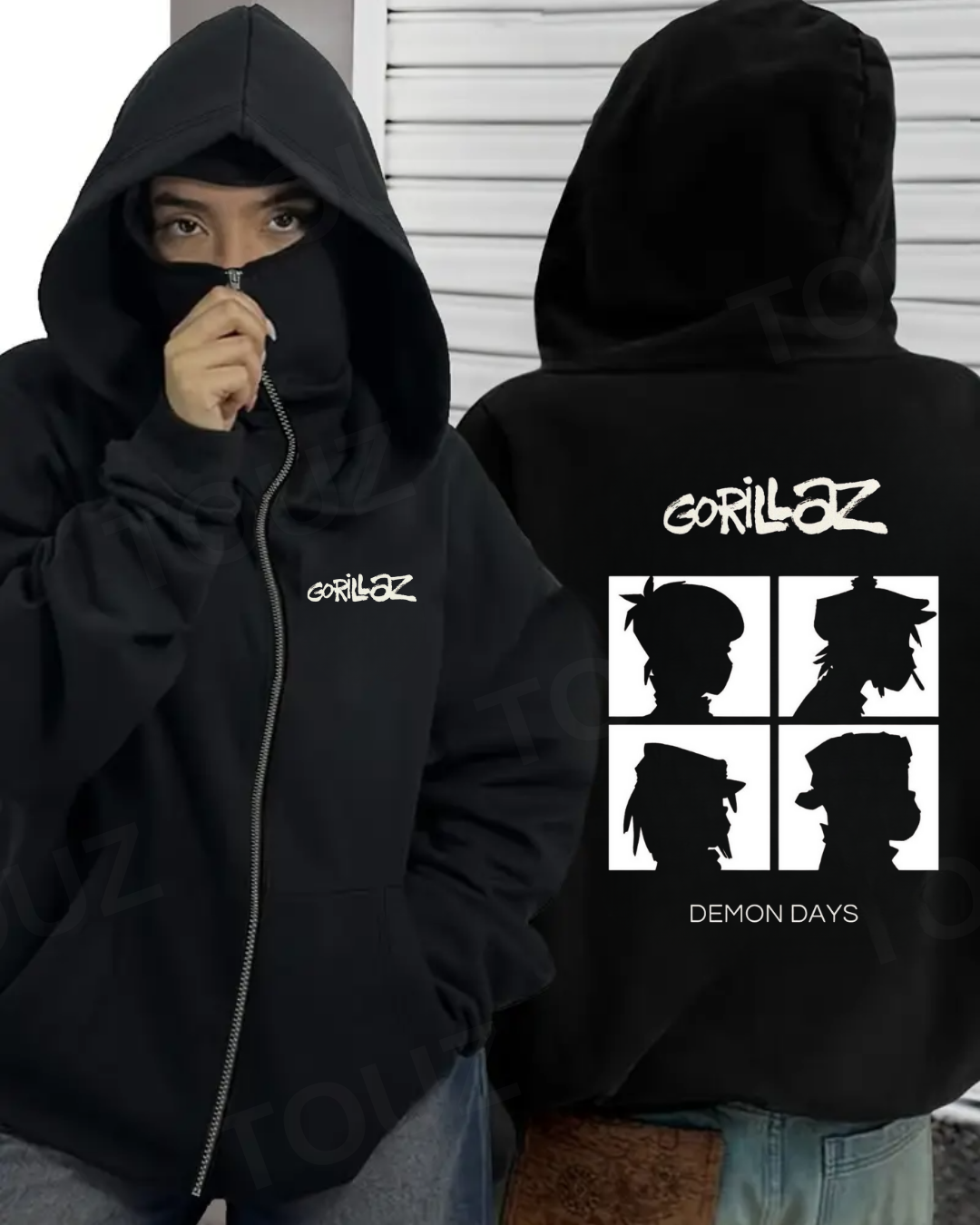 ESC BUTİK Gorillaz Baskılı 3 İplik ( Kalın )  Şardonlu ( İçi Pamuklu )  Unisex Kar Maskeli Kapüşonlu Oversize Ninja Hırka