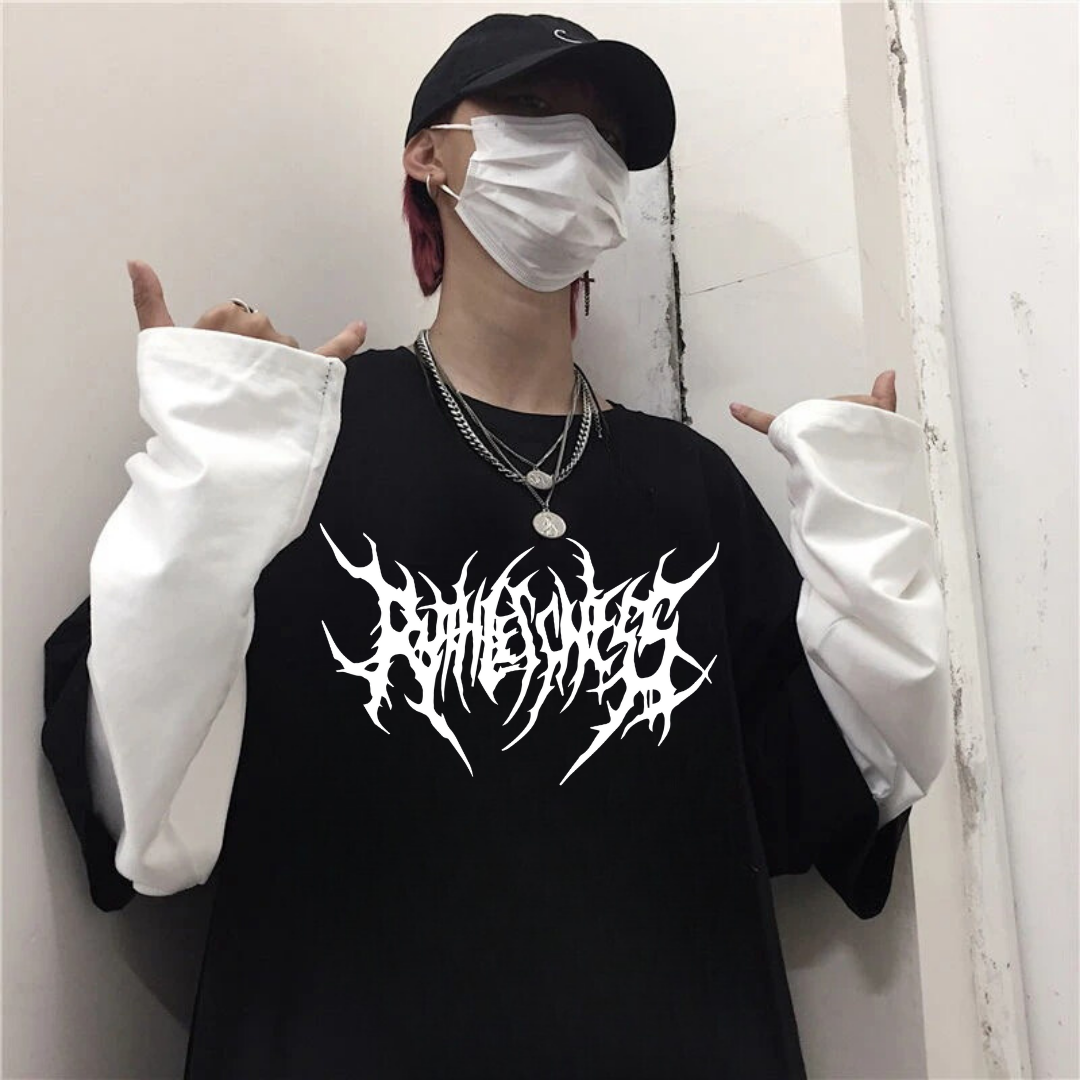 ESC BUTİK Gothic Fonts Unisex Oversize Fake Kollu Beyaz T-Shirt