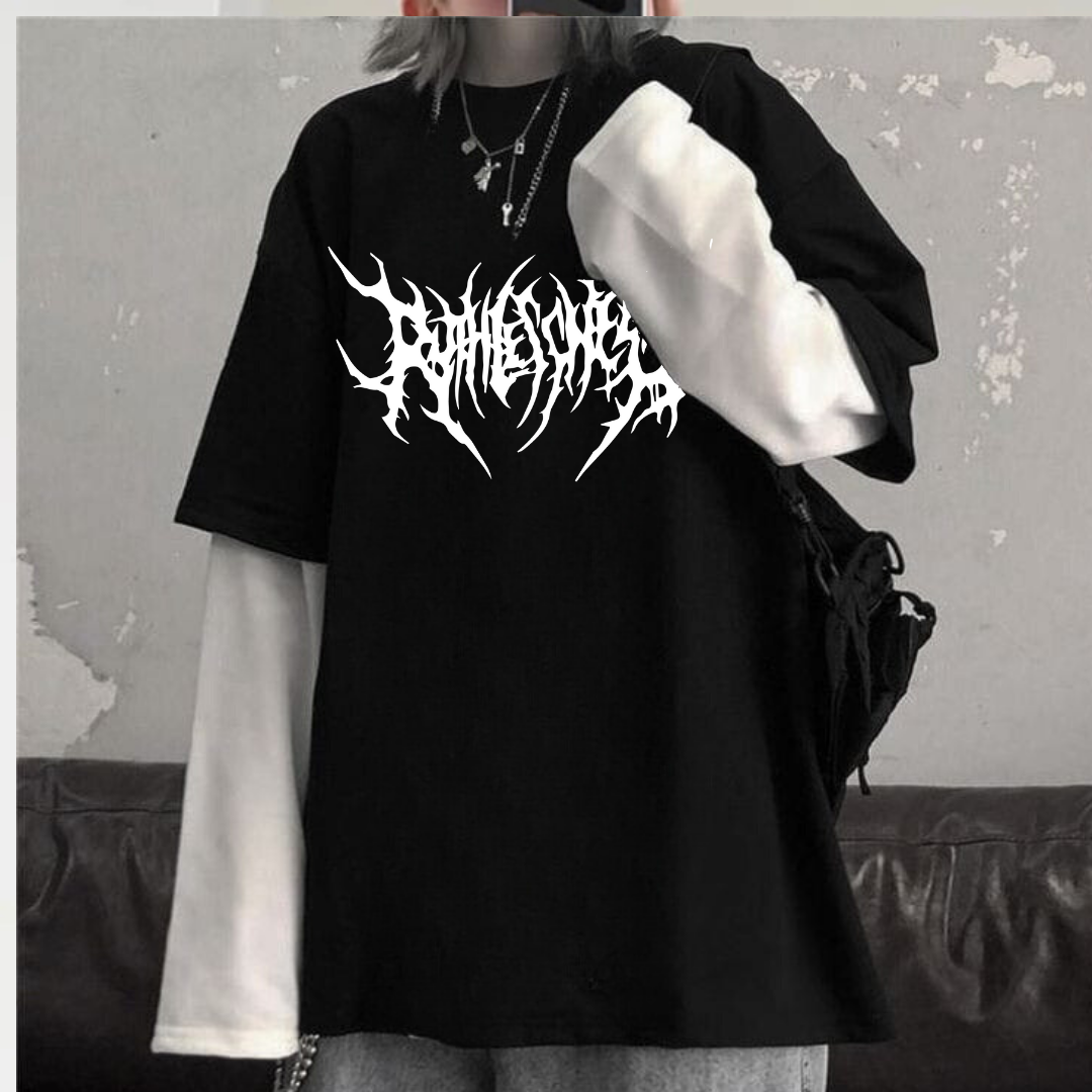 ESC BUTİK Gothic Fonts Unisex Oversize Fake Kollu Beyaz T-Shirt