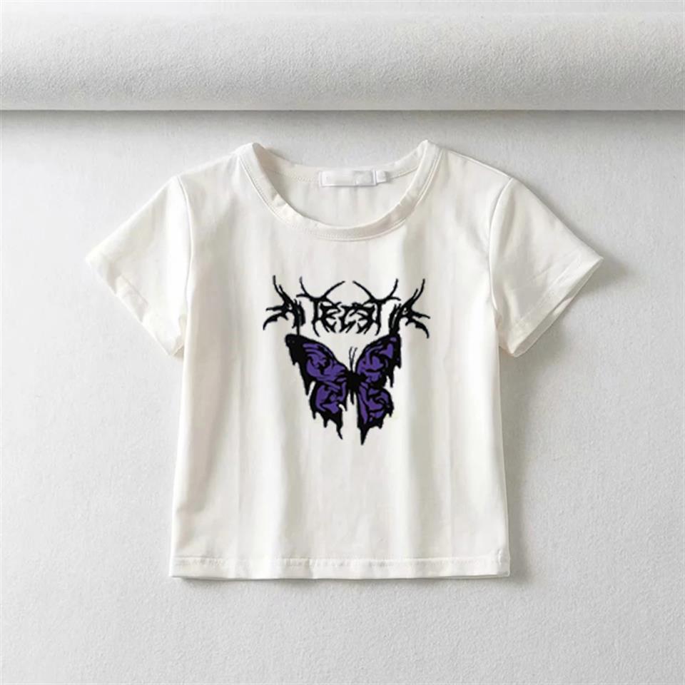 ESC BUTİK Gothic Purple Butterfly Baskılı Beyaz Crop