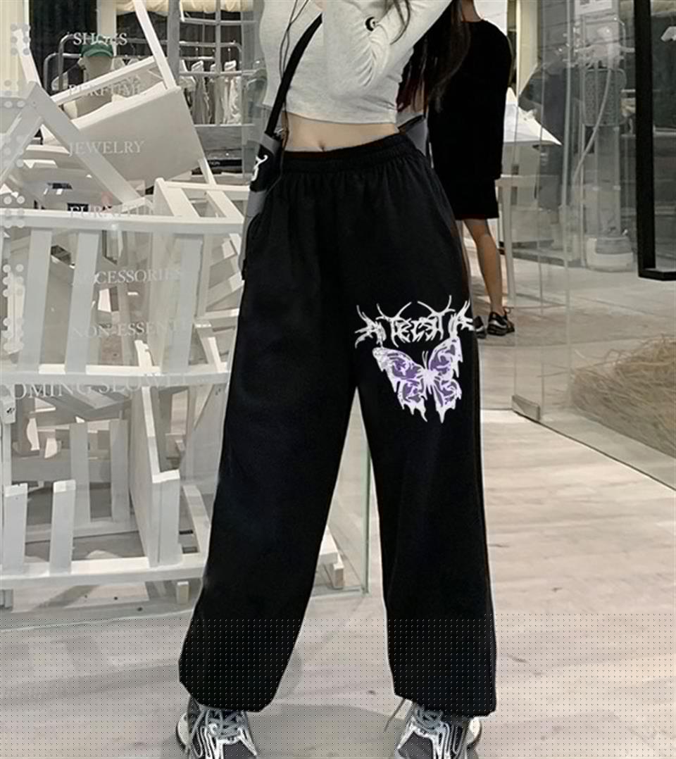 ESC BUTİK Gothic Purple Butterfly Baskılı Oversize Unisex Siyah Eşofman Altı