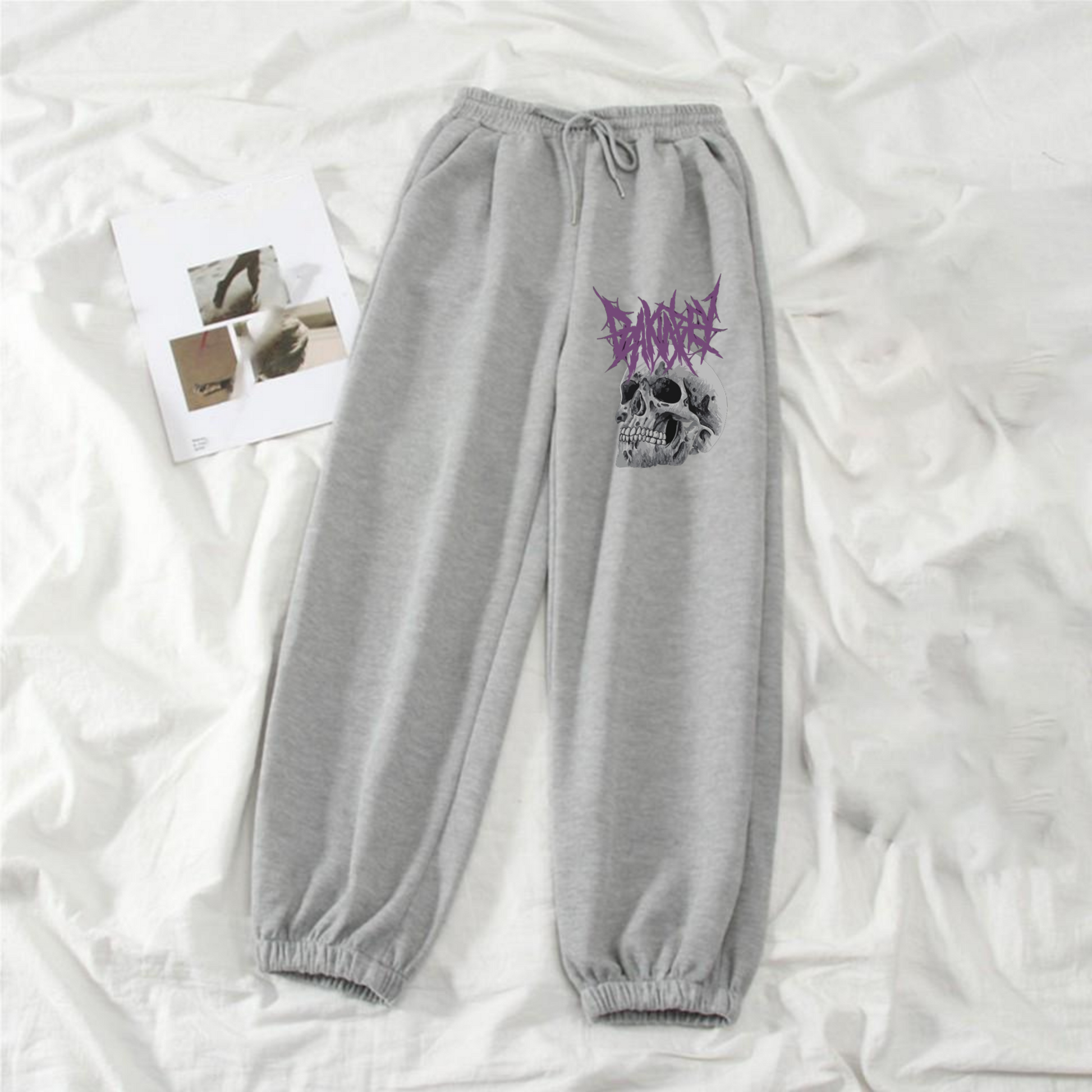 ESC BUTİK Gothic Skull Baskılı Unisex Gri Eşofman Altı