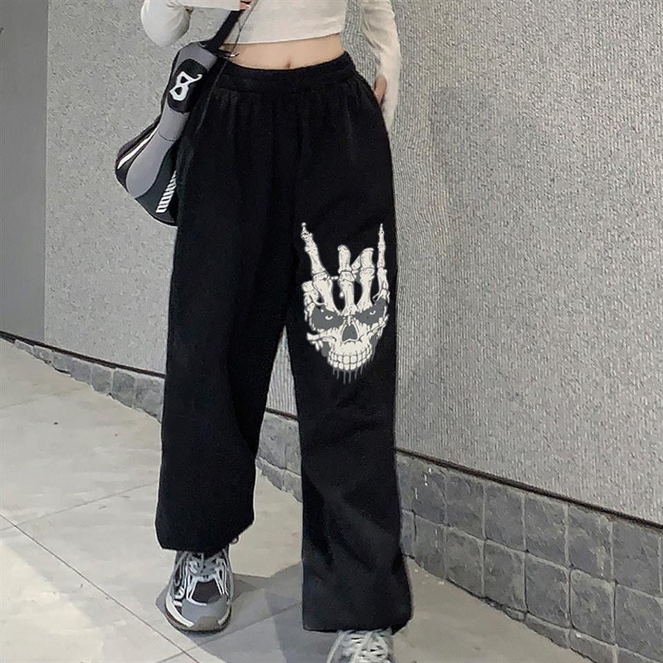 ESC BUTİK Gothic Skull Hand Baskılı Oversize Unisex Siyah Eşofman Altı