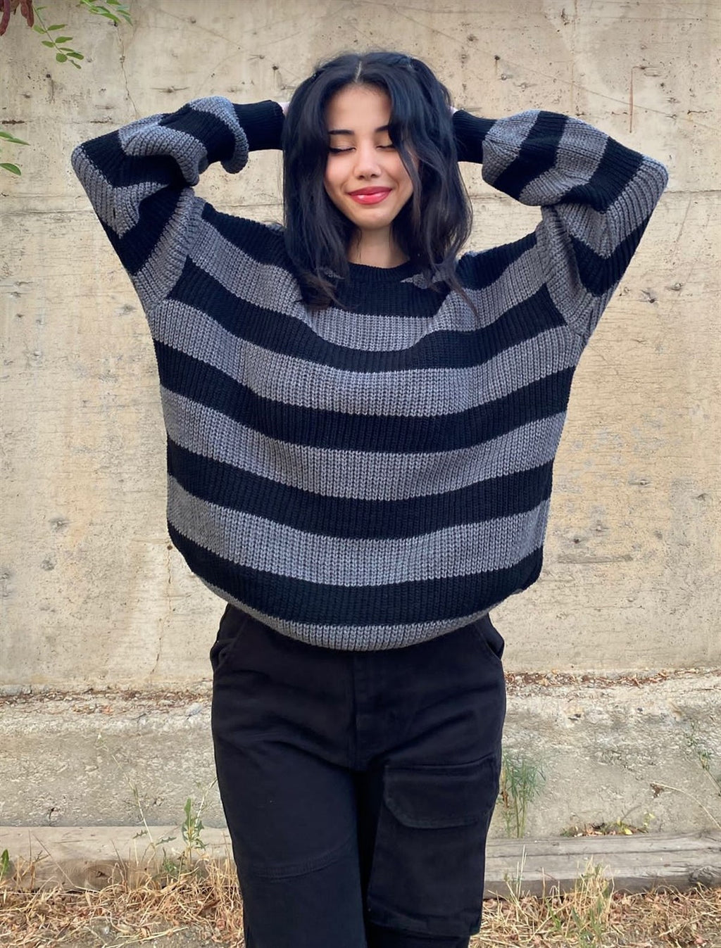 ESC BUTİK Gri Siyah Çizgili Streetwear Oversize Unisex Kazak