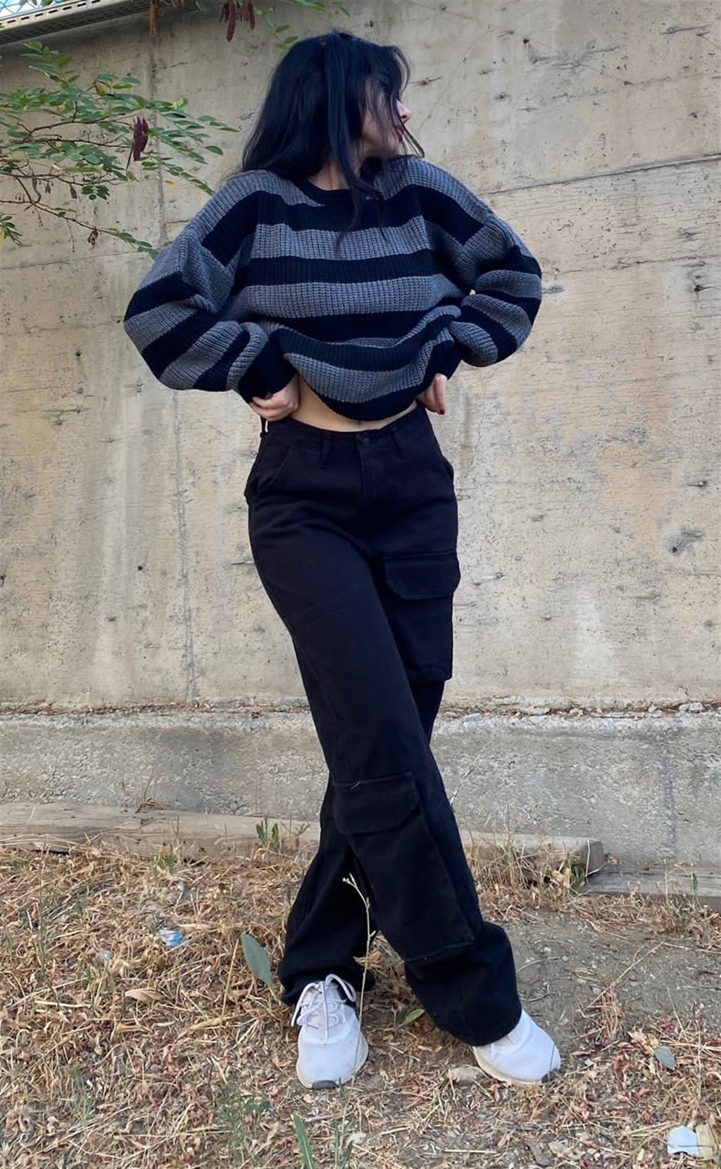 ESC BUTİK Gri Siyah Çizgili Streetwear Oversize Unisex Kazak