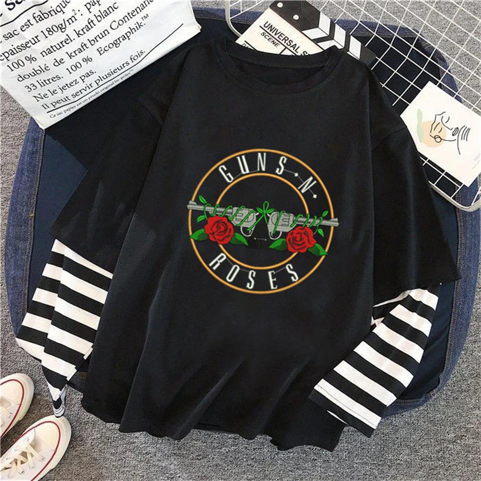 ESC BUTİK Guns N' Roses Baskılı Fake Sleeves Unisex Siyah T-shirt