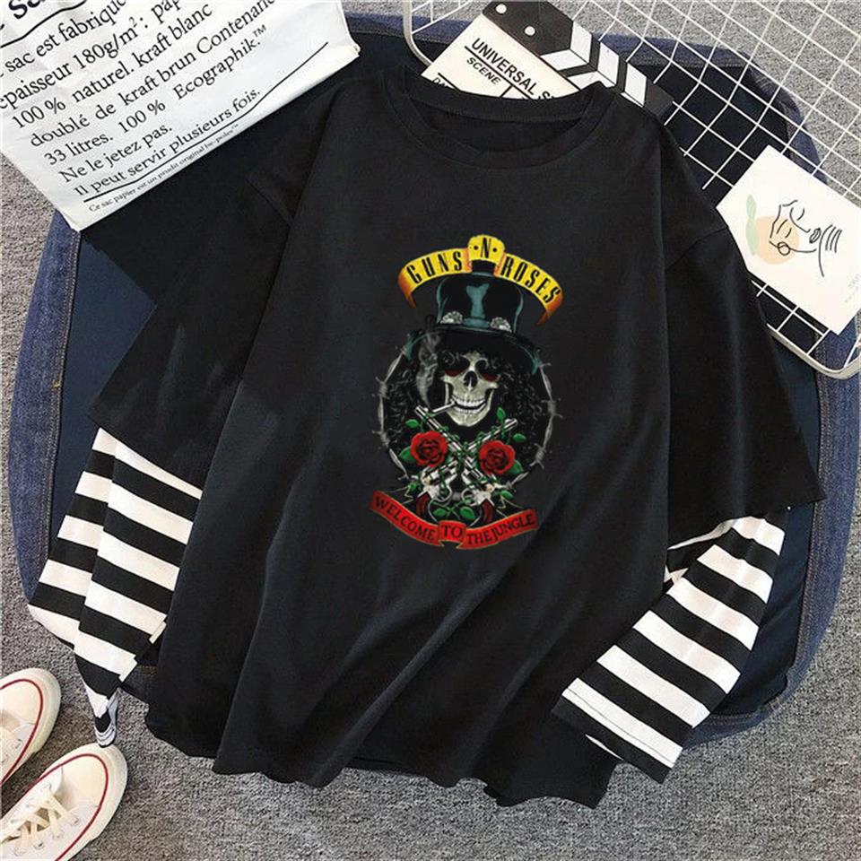 ESC BUTİK Guns N' Roses Skull Baskılı Fake Sleeves Unisex Siyah T-shirt