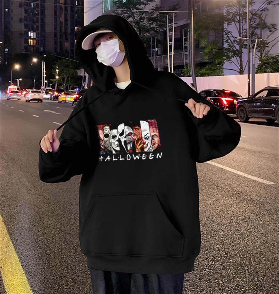 ESC BUTİK Halloween Bad Characters Baskılı Siyah Unisex Oversize Kapüşonlu Sweatshirt