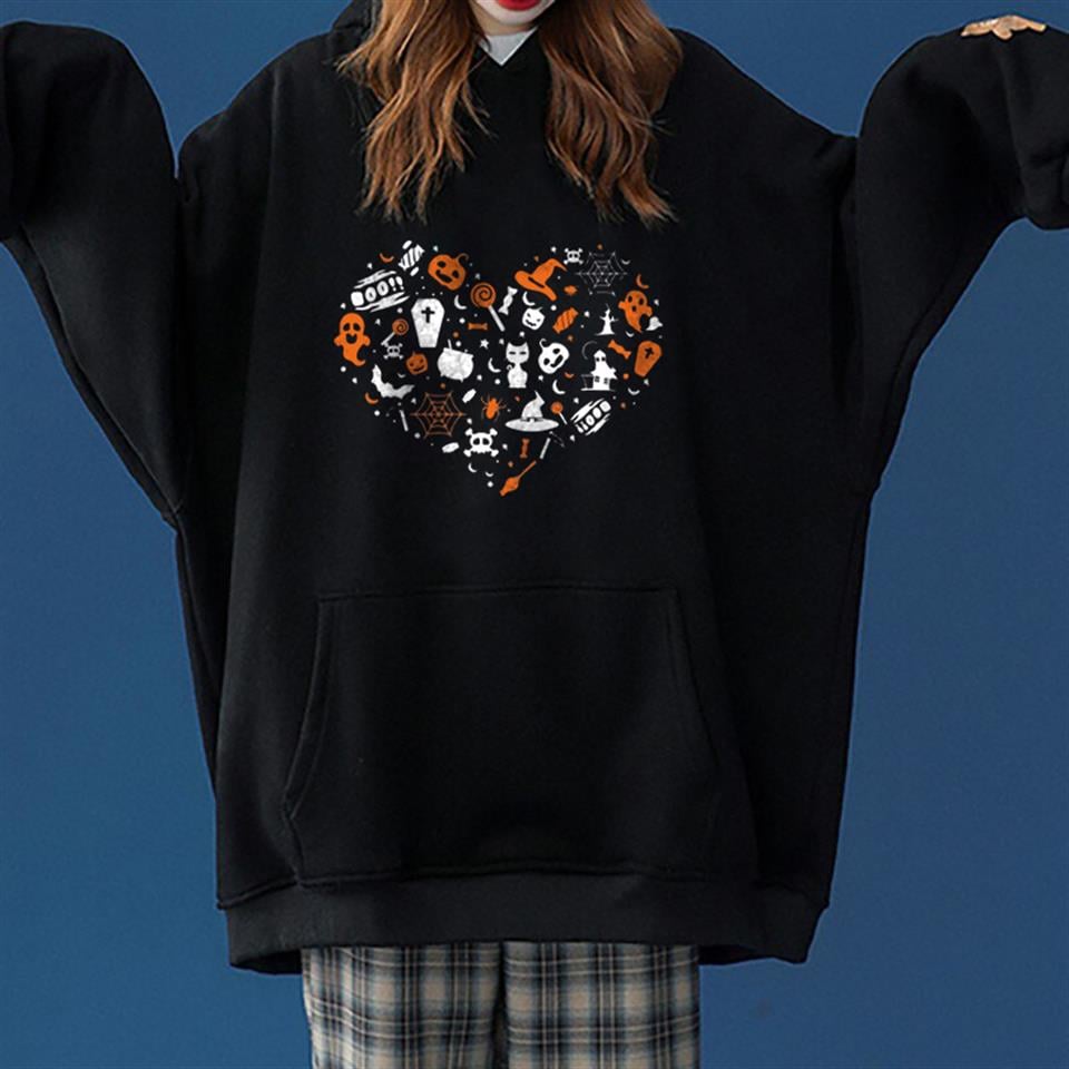 ESC BUTİK Halloween Heart Baskılı Siyah Unisex Oversize Kapüşonlu Sweatshirt
