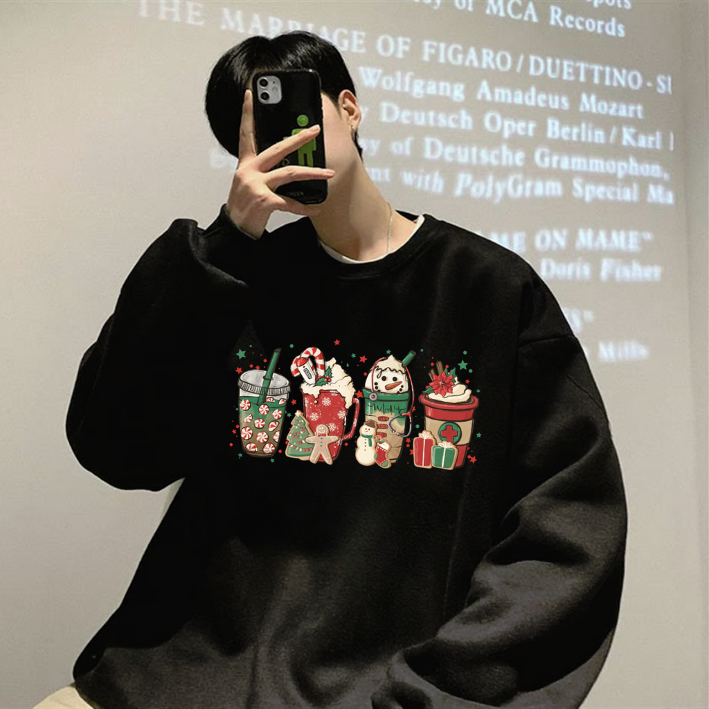 ESC BUTİK Happy Christmas Baskılı Siyah Unisex Oversize Bisiklet Yaka Sweatshirt