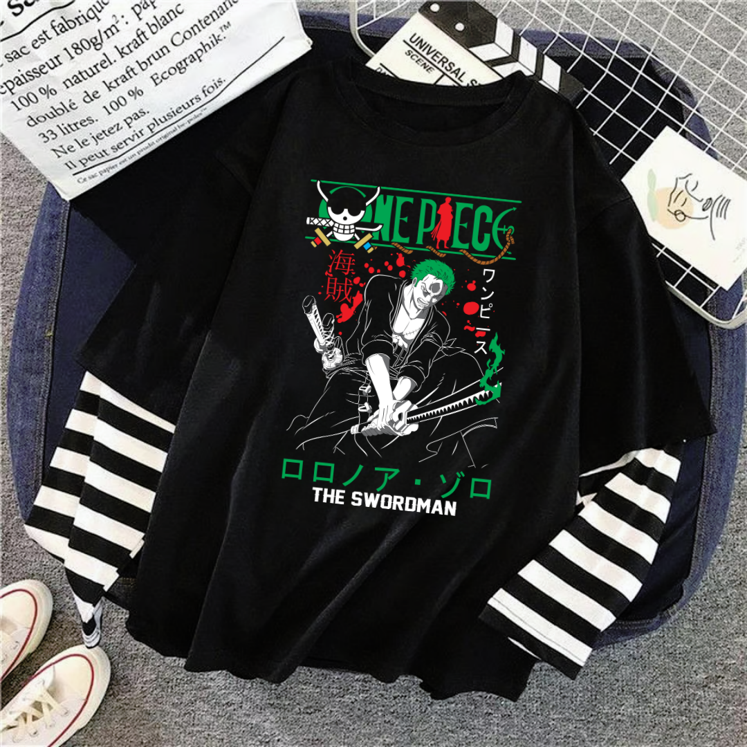 ESC BUTİK Harajuku Anime One Piece Fake Sleeves Unisex Fake Kollu Siyah T-Shirt