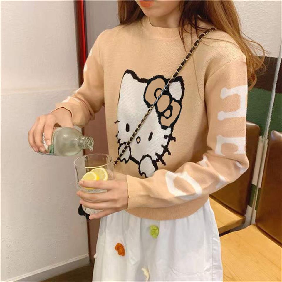 ESC BUTİK Harajuku Hello Kitty Kahverengi Oversize Crop Kazak