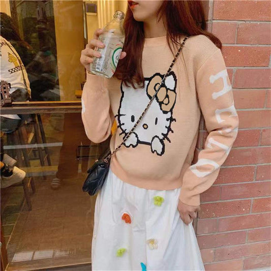 ESC BUTİK Harajuku Hello Kitty Kahverengi Oversize Crop Kazak