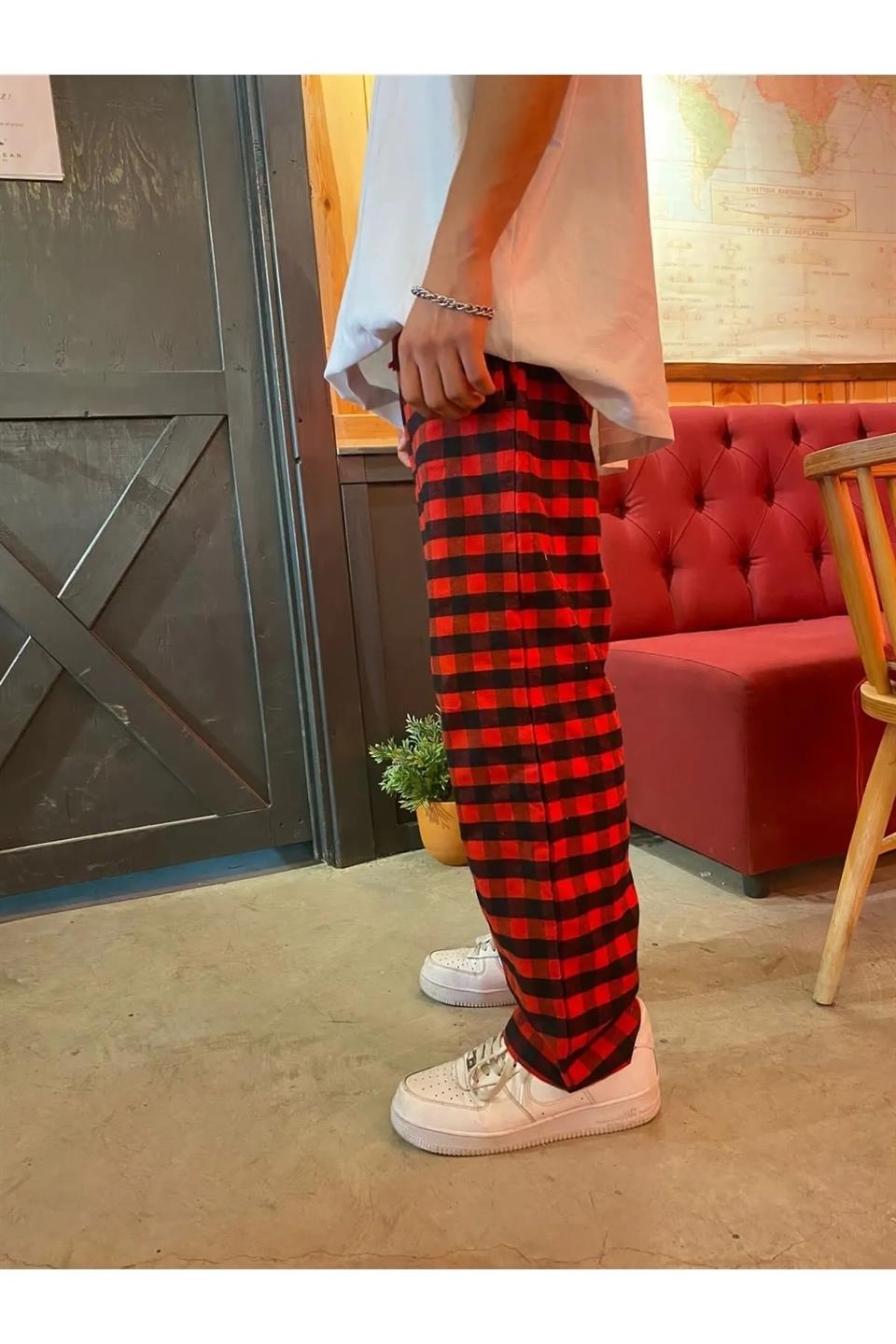 ESC BUTİK Harajuku Kırmızı Siyah Kare Desenli Tracksuit Eşofman Altı