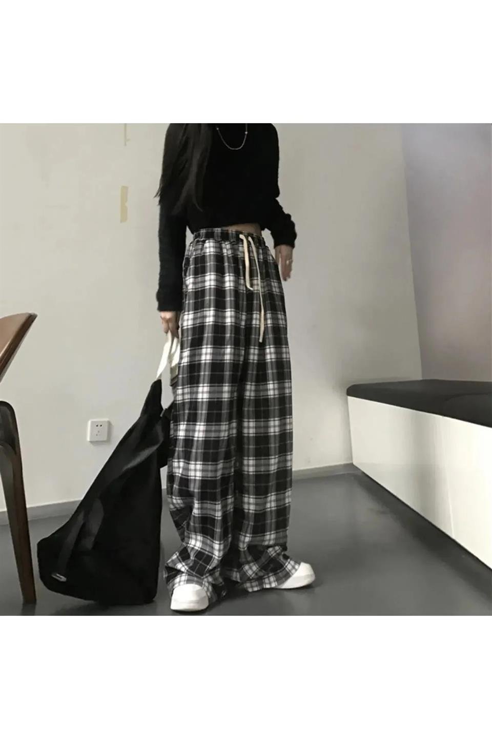 ESC BUTİK Harajuku Siyah Beyaz Ekose Tracksuit Eşofman Altı