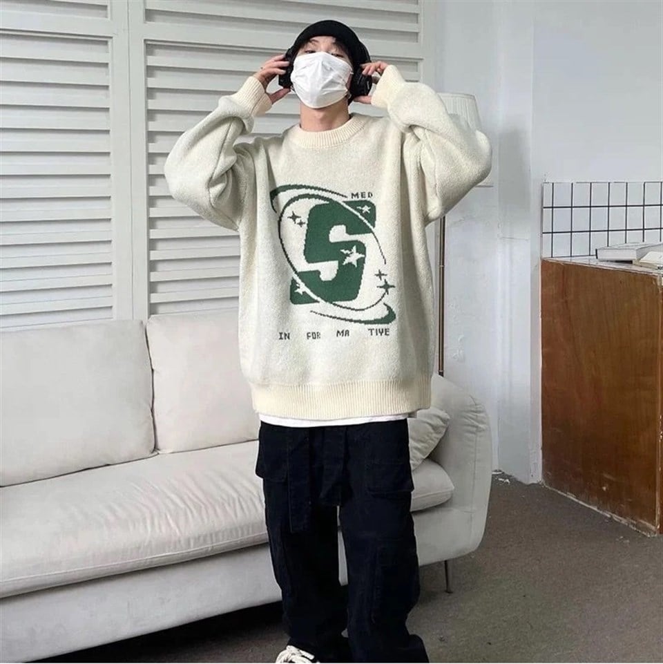 ESC BUTİK Harajuku Vintage Unisex Krem Oversize Kazak